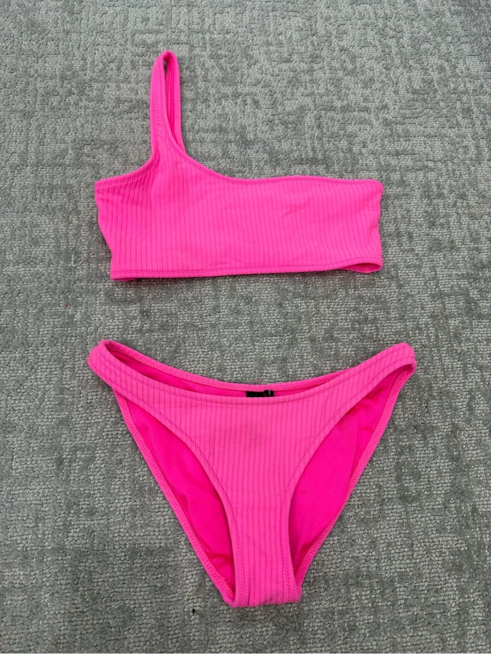 triangl swimwear Hot Pink Ribbed One-Shoulder Bikini Set with Pouch